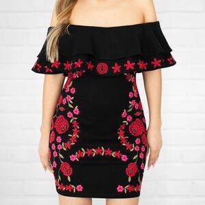 Off-Shoulder Black Dress with Pink & Red Floral Embroidery